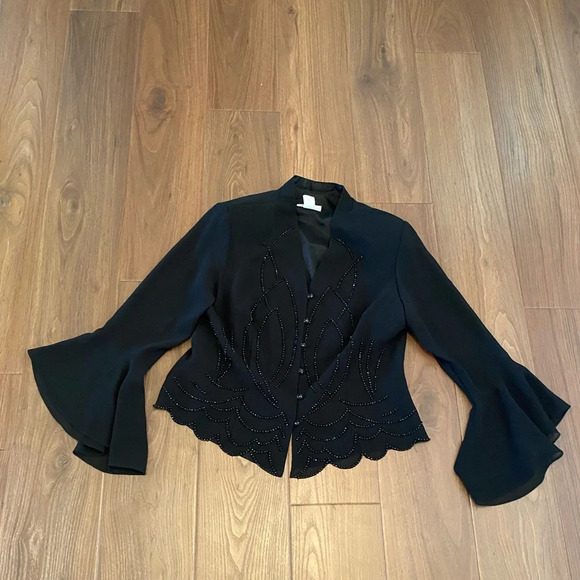 Dress barn vintage black embellished button up blazer size 16 scalloped hem - Picture 1 of 8